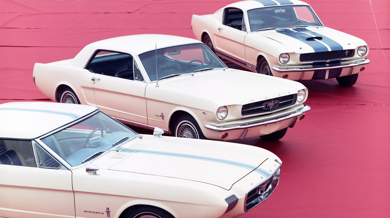 Mustang II, 1965 Mustang, 1966 Shelby G.T. 350 Mustang Three Mustang cars lined up